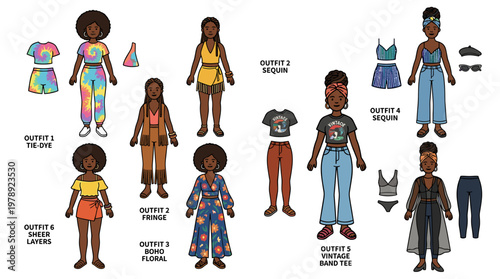 An array of paper dolls in diverse outfits and styles. Each doll is in a different fashionable outfit, creating a fun and creative composition.