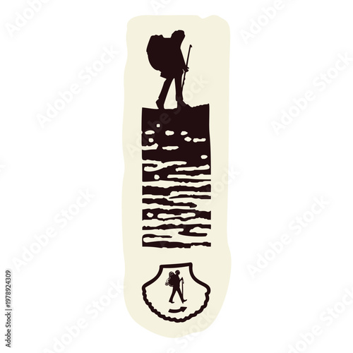 Pilgrimage path to Jerusalem with simple cross and hill path trail.Backpacker modern pilgrim on sacred journey . Hand drawn black and white vector icon motif.