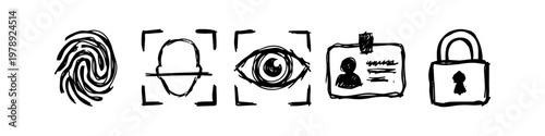 Hand-drawn security icons including fingerprint, facial recognition, eye scan, ID card, and padlock. Sketchy doodle style set representing biometric identification and data protection.