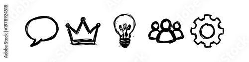 Fotografie Set of hand-drawn business icons featuring a speech bubble, crown, light bulb, people, and gear