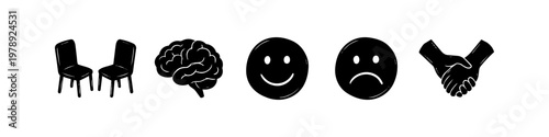 Set of minimalist mental health and therapy icons featuring a brain, smiley faces, handshake, and chairs. Hand-drawn doodle style representing psychology, counseling, and emotional well-being.