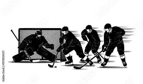 Ice Hockey Players Silhouette Action Scene with Goaltender and Skaters in Dynamic Vector Illustration on White