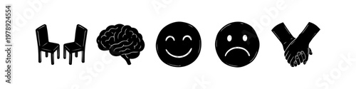 Mental health and therapy icon set. Hand-drawn symbols representing psychology, counseling, and emotional support including a brain, happy and sad faces, chairs, and holding hands.