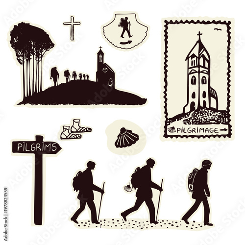 Minimal scene set for pilgrimage with group of backpacker pilgrims walking to modern church. Hand drawn pilgrims way design element for church newsletter or social media art. Isolated on white. 