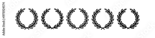Set of five diverse black laurel wreath silhouettes on a white background. Symbols of victory, glory, and achievement, perfect for awards, logos, certificate frames, and heraldic designs.