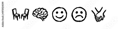 Hand-drawn mental health and psychology icon set featuring a brain, chairs, happy and sad faces, and holding hands. Minimalist vector illustration for therapy, counseling, and emotional support.