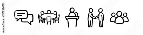 Hand-drawn business icons set featuring speech bubbles, meeting table, public speaker, handshake, and team members. Minimalist doodle style for communication and collaboration concepts.