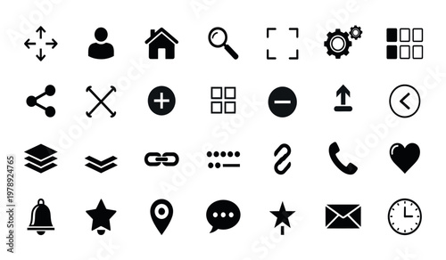 Collection of black minimalist icons for user interface and navigation
