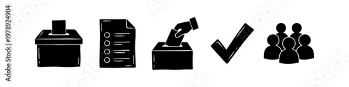 Vector illustration set of black hand-drawn voting icons including ballot box, survey form, hand casting a vote, checkmark, and people silhouette for election, democracy, and survey concepts.