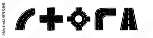 Vector set of road element icons: curved path, crossroads intersection, roundabout traffic circle, 90-degree corner, and straight highway. Minimalist black design isolated on white background.