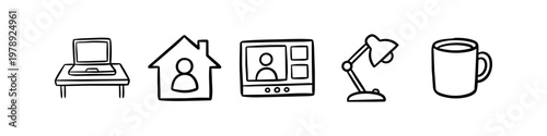 Collection of hand-drawn minimalist icons for remote work and home office. Features a laptop, house with person, video conference screen, desk lamp, and coffee mug in a doodle style.