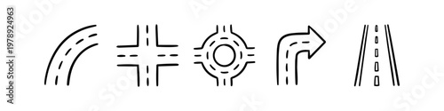 Hand-drawn road and traffic layout icons featuring a curved path, intersection, roundabout, right turn, and highway. Minimalist black doodle style for map navigation and infrastructure design.