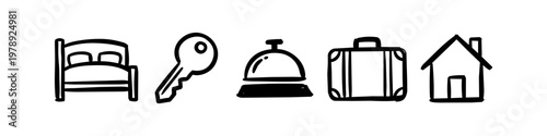 Set of hand-drawn doodle icons for hotel, travel, and accommodation services featuring a bed, key, reception bell, suitcase, and house. Minimalist black outline illustration on white background.