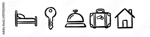 A set of hand-drawn travel and hospitality icons featuring a bed, hotel key, service bell, suitcase, and house. Minimalist black doodle style on a white background, perfect for tourism designs.
