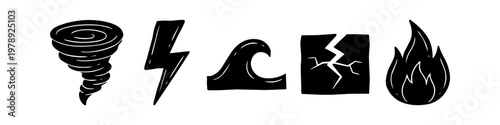 Set of hand-drawn natural disaster icons including tornado, lightning, tsunami wave, earthquake, and fire. Minimalist black doodle illustrations isolated on white background.