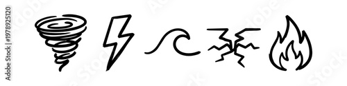 Set of hand-drawn natural disaster icons including tornado, lightning bolt, ocean wave, earthquake, and fire. Minimalist black ink doodles for emergency, safety, and environmental concepts.