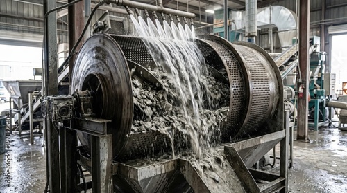 Medium shot of wet scrub process in recycled gypsum unit showing smooth water flow washing scrap material for impurity removal and enhanced product quality.
