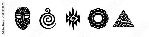 Set of five black tribal and ethnic icons featuring a mask, spiral, jagged bolt, sun mandala, and geometric triangle. Versatile minimalist silhouettes for cultural and mystical designs.