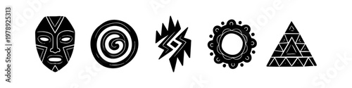 Set of five hand-drawn black tribal symbols including an African mask, spiral, and geometric patterns. Authentic ethnic design elements for icons, tattoos, and cultural graphics.