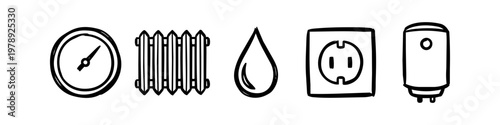 Set of hand-drawn utility icons: radiator, water drop, electric outlet, boiler, and pressure gauge. Ideal for plumbing, heating, and home maintenance concepts. Minimalist black line art.