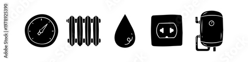 Vector set of black home utility icons featuring a radiator, pressure gauge, water drop, electric outlet, and boiler. Minimalist hand-drawn style for energy and plumbing concept designs.