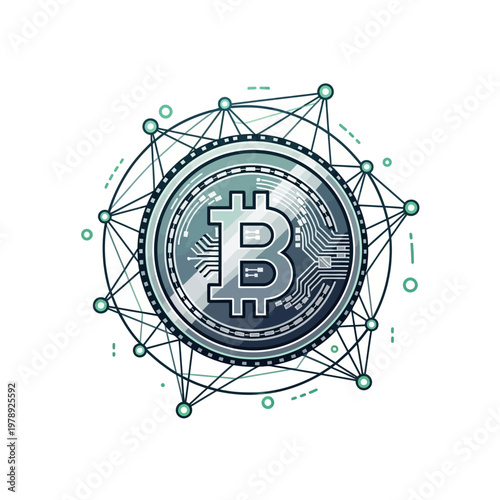 Bitcoin cryptocurrency digital illustration with network connections.