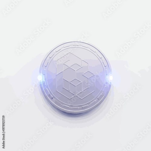 Glowing cryptocurrency coin with geometric design.