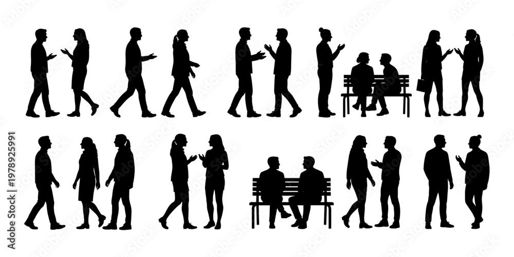Fototapeta premium Diverse group of people silhouettes converse and walk side profile view 