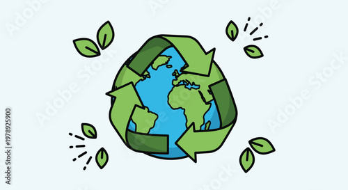 Earth with recycling symbol green leaves.