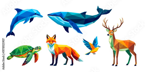 Set of isolated polygonal abstract animals created with geometric shapes