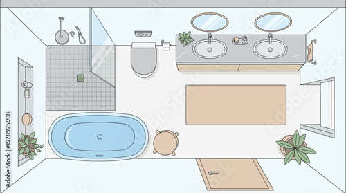 Modern Bathroom Layout Top View Illustration with Tub Shower and Double Sinks