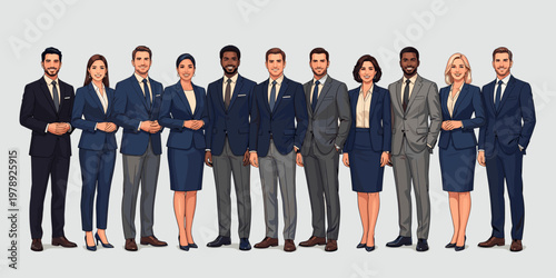 A diverse group of professionals in work attire, gathered together