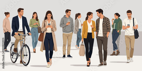 Diverse group of people in urban settings engaged in various daily activities illustration