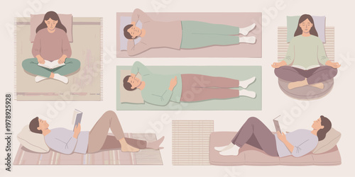People reading and relaxing comfortably in various calm resting positions at home