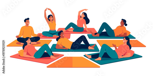 Diverse group of people in various yoga poses on mats promoting wellness