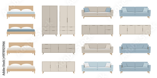 Collection of modern home furniture including beds wardrobes and sofas