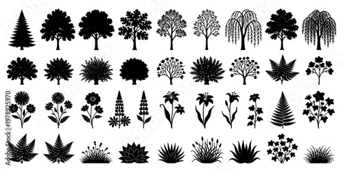 Diverse Collection of Black Silhouette Plants Trees and Flowers 