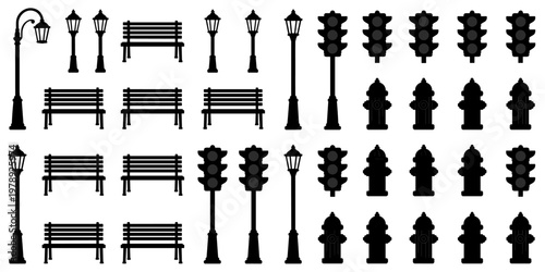 Set of Urban Street Elements - Silhouettes of Light Poles Benches Signals Hydrants