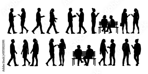 Diverse group of people silhouettes converse and walk side profile view 