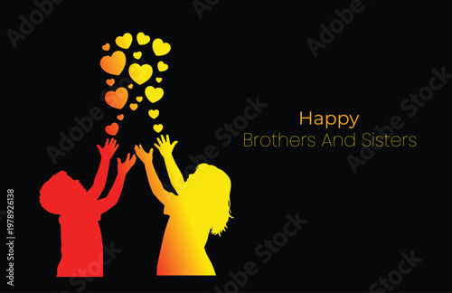 A colorful illustration of siblings celebrating happy brothers and sisters day with heart balloons