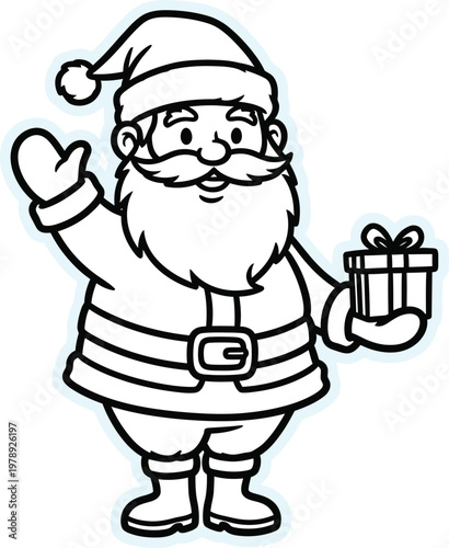 Title cartoon santa claus waving with a gift description a simple black