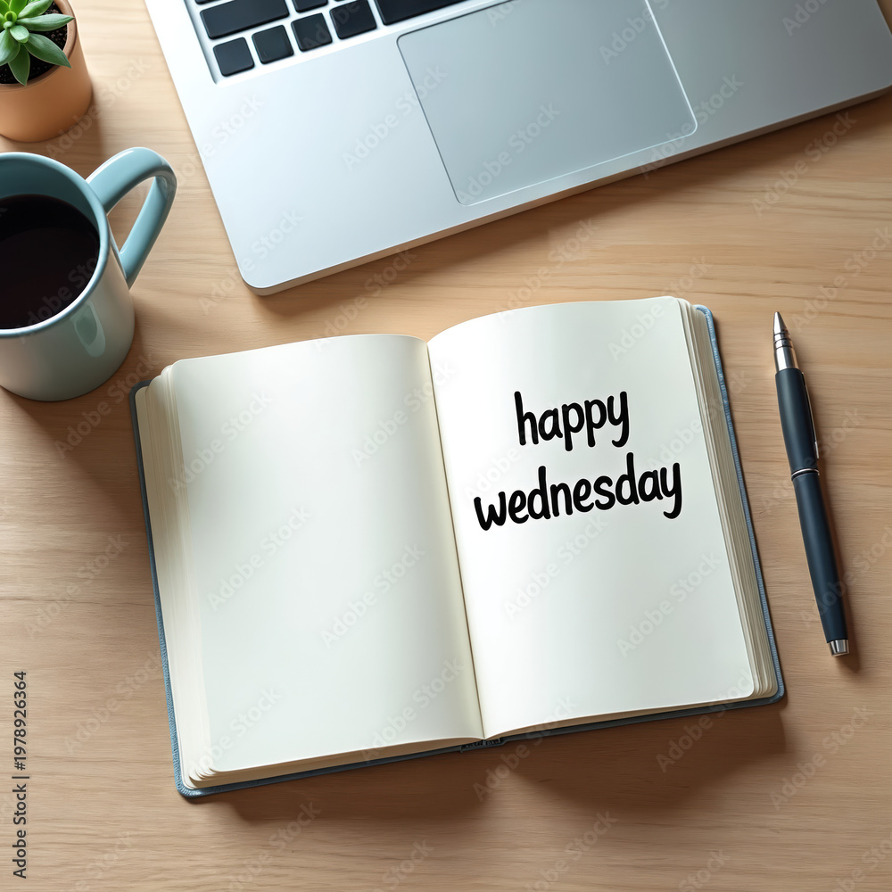 Obraz premium Notebook with happy wednesday message rests on wooden desk beside coffee mug laptop and pen. Plant adds touch of green. Clean minimal workspace.