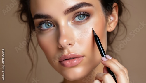 Young woman applies cosmetic pencil to her face. Closeup portrait of attractive female shaping eyebrows with makeup tool. Natural beauty skincare prep for elegant look.