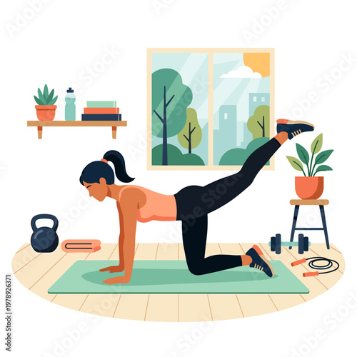 Woman doing bird dog exercise on yoga mat in home gym with equipment