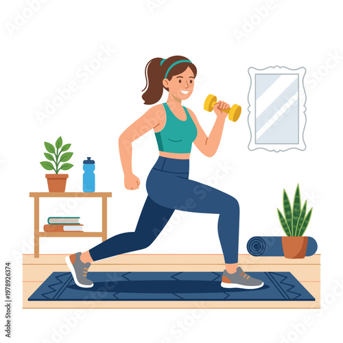 Woman in athletic wear exercising with dumbbell at home on yoga mat