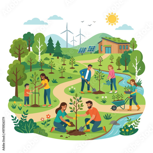 People planting trees and gardening in a green landscape with renewable energy sources