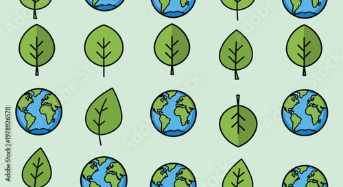 Earth Globe and Green Leaves Pattern.
