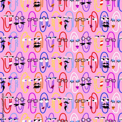 Paperclips Characters In Love Seamless Pattern. Funny Office Stationery Romantic Couples with different facial expressions, makeups, hairstyles, glasses, and mustaches. 