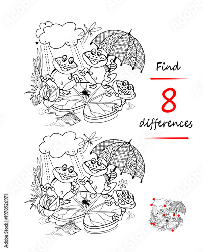 Find 8 differences. Hand drawn illustration of the funny frogs playing in swamp in the rain. Logic puzzle game for children and adults. Page for kids brain teaser book. Black and white vector drawing