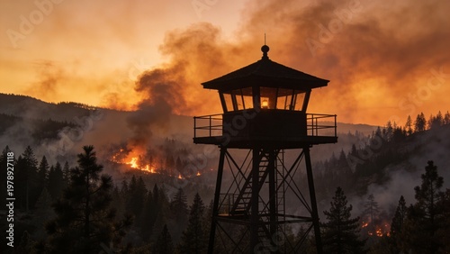 Wildfire Observation Tower Above Smoky Pine Valley with Ember Toned Horizon and Watchful Silhouette